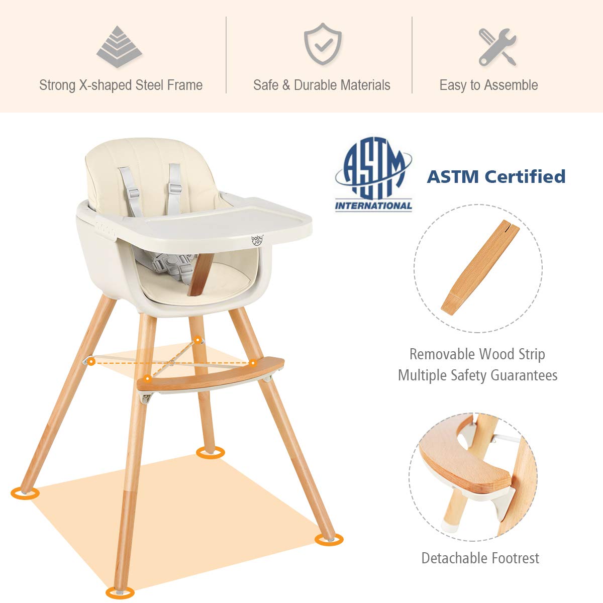 BABY JOY Convertible Baby High Chair, 3 in 1 Wooden Highchair/Booster/Chair with Removable Tray (Beige)