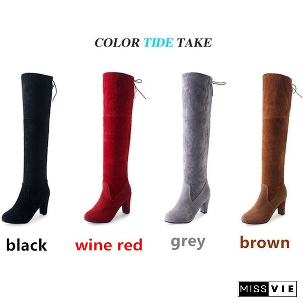 Autumn And Winter Women's Fashion Boots Over Knee High Boot Lace Up High Heel Long Thigh Boots Shoes Ladies Solid Color Long Boots