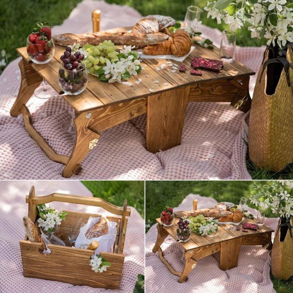 ZXCVWWE Wooden Folding Table Picnic with Basket 2 in 1 Outdoor Portable Folding Wooden Camping For Outdoor Gathering Fishing Table F6J1