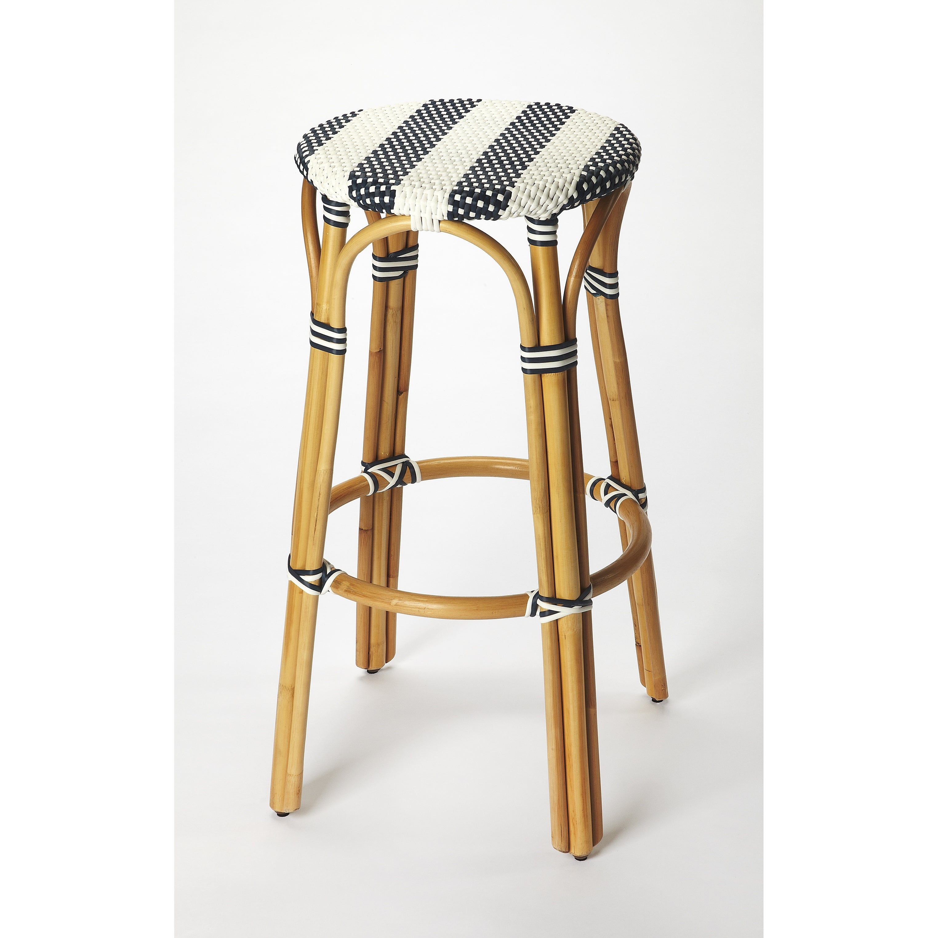 Butler Tobias Blue and White Rattan Bar Stool - Round