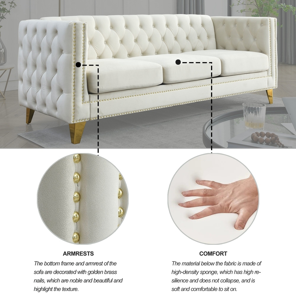 Buttons Tufted Square Arm Couch Set  Velvet Upholstered Sofa with Removable Cushion and Metal Legs for Living Room