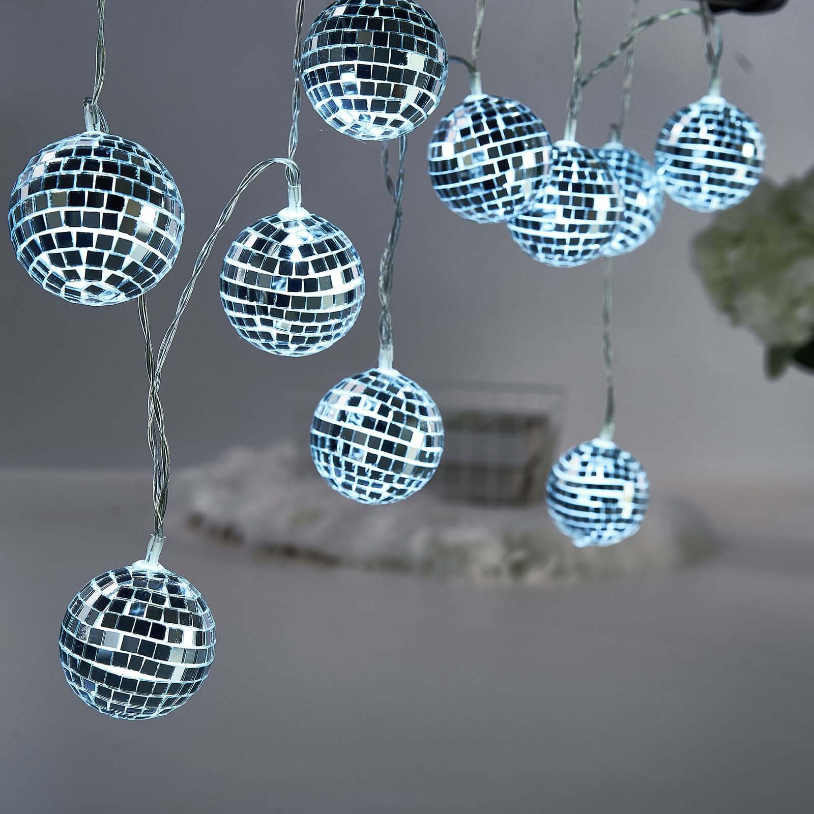 Silver Disco Mirror Ball Battery Operated 10 LED String Light Garland, Cool White 6ft