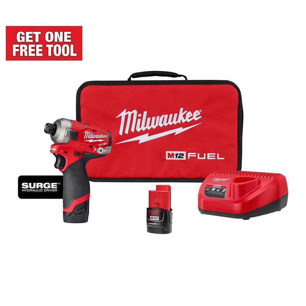 MW M12 FUEL SURGE 12V Lithium-Ion Brushless Cordless 14 in. Hex Impact Driver Compact Kit wTwo 2.0Ah Batteries Bag 2551-22