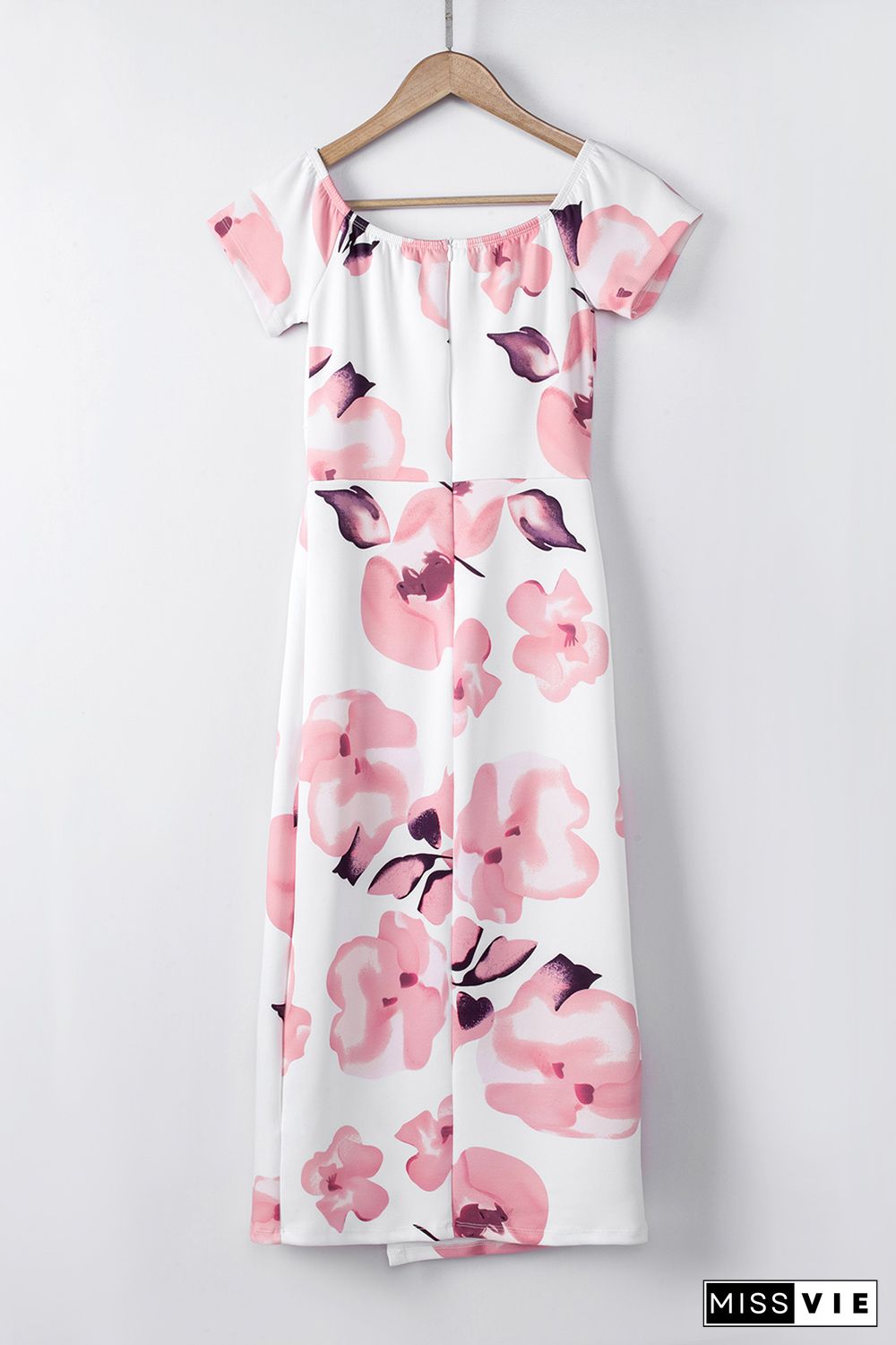 Pink Floral Print Off Shoulder Slit Bodycon Midi Dress