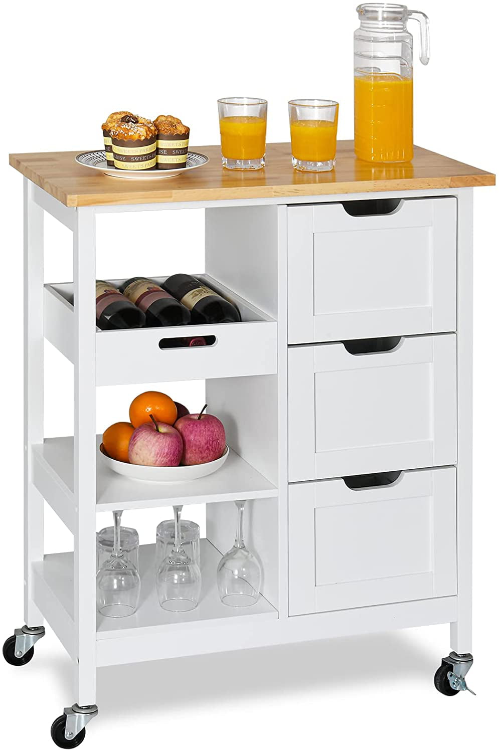 DWVO Kitchen Island Cart with Storage， Rolling Serving Utility Trolley Cart On Wheel with 3 Drawers and 3 Storage Shelves， White