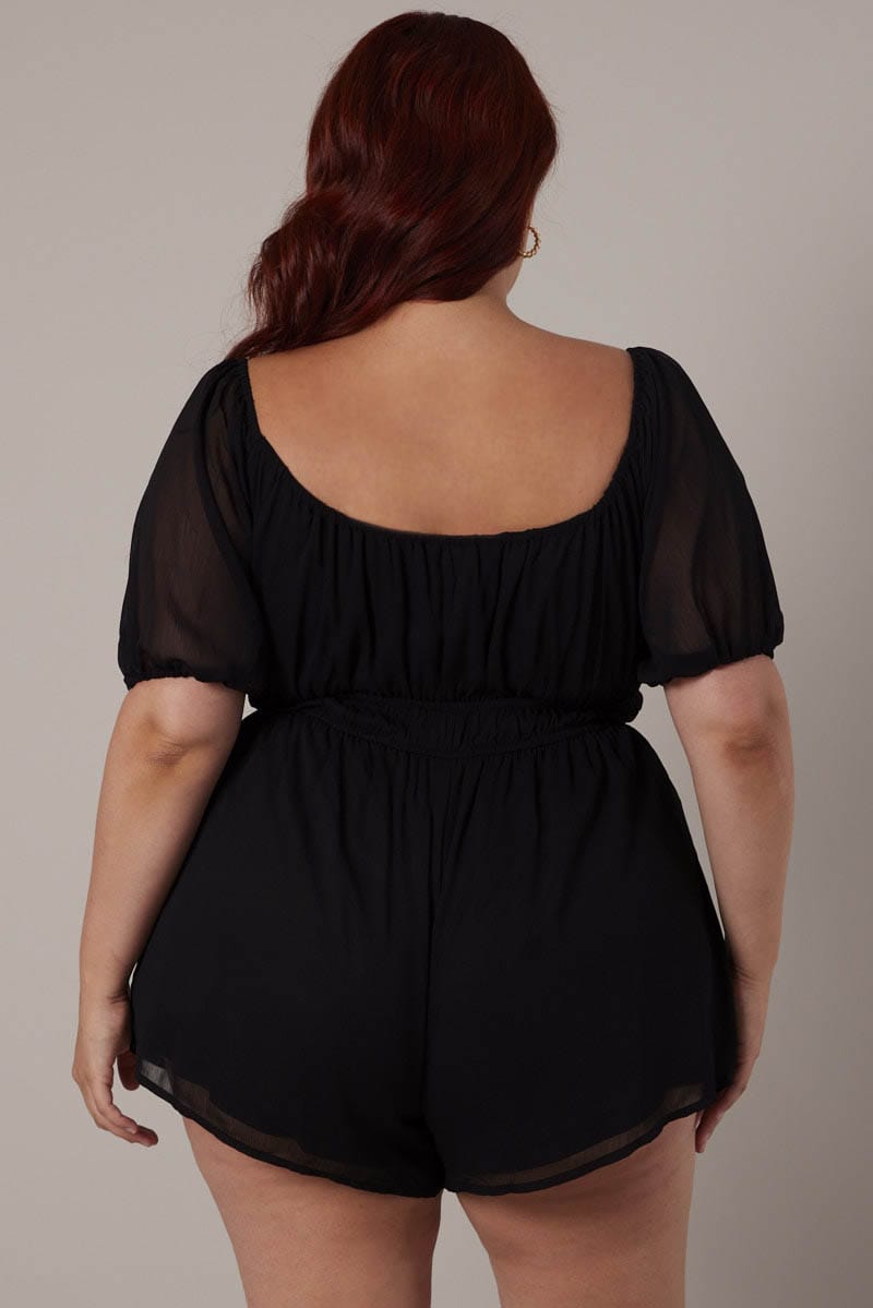 Black Short Sleeve Chiffon Double Tie Playsuit