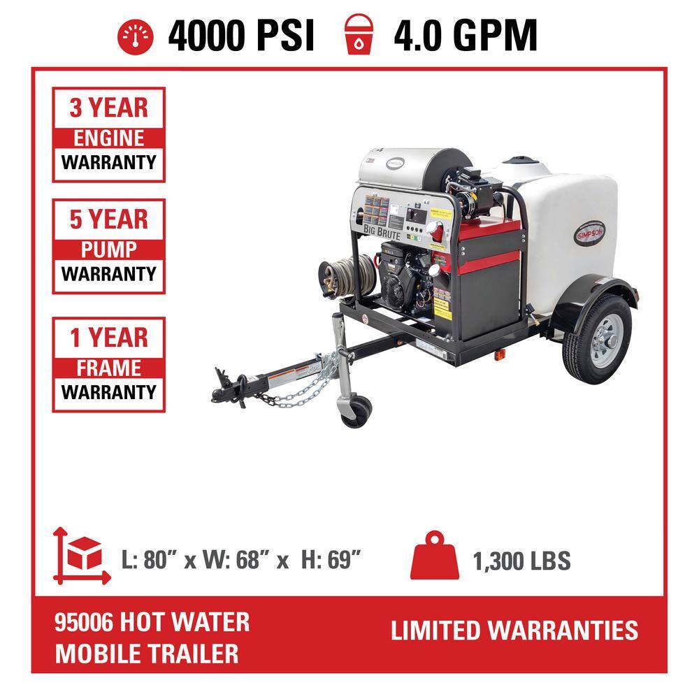 SIMPSON Mobile Trailer 4000 PSI 4.0 GPM Gas Hot Water Professional Pressure Washer with VANGUARD V-Twin Engine 95006