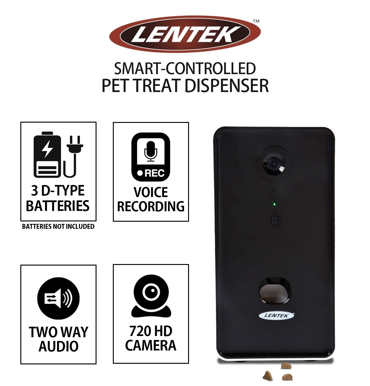 Lentek Smartphone-Controlled Pet Treat Dispenser with Camera and Two-Way Communication， WiFi-Enabled Programmable Treat Dispenser， 10 oz. Capacity， for Cats， Dogs， Rabbits， and more