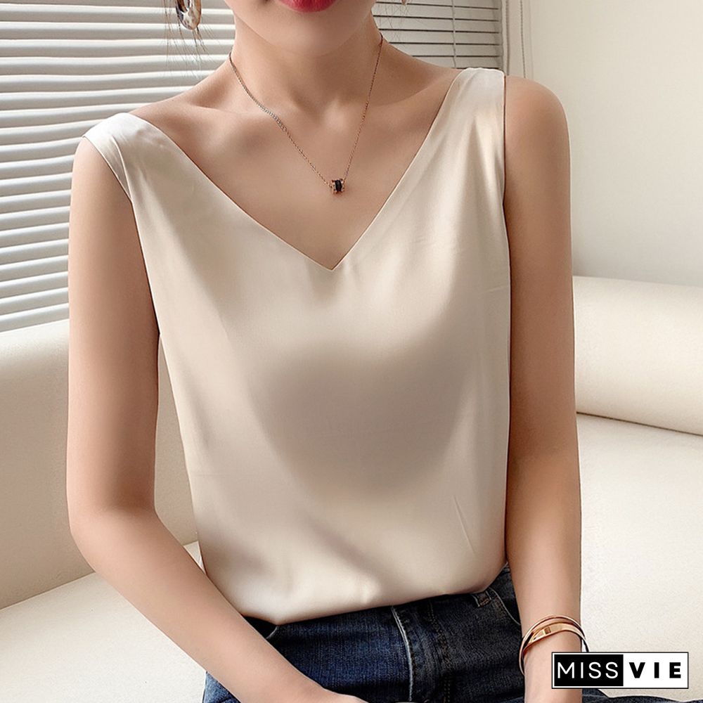 Summer V Neck Suspender Vest Female Ice Satin Silk Camisole Women Outer Wear Sleeveless Top With Small Suit Inner Base Shirt