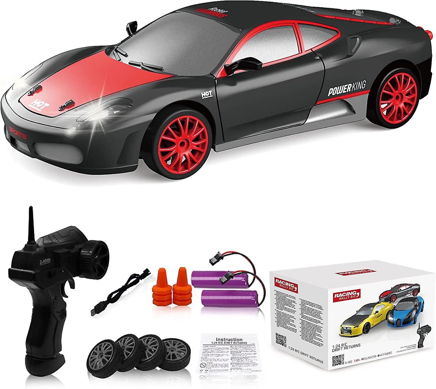 Remote Control Car Rc Drift Car 24ghz 1:24 Scale 4wd 15km/h High Speed Model Vehicle With Led Lights Drifting Tire Racing Sport Toy Car For Adults Boy