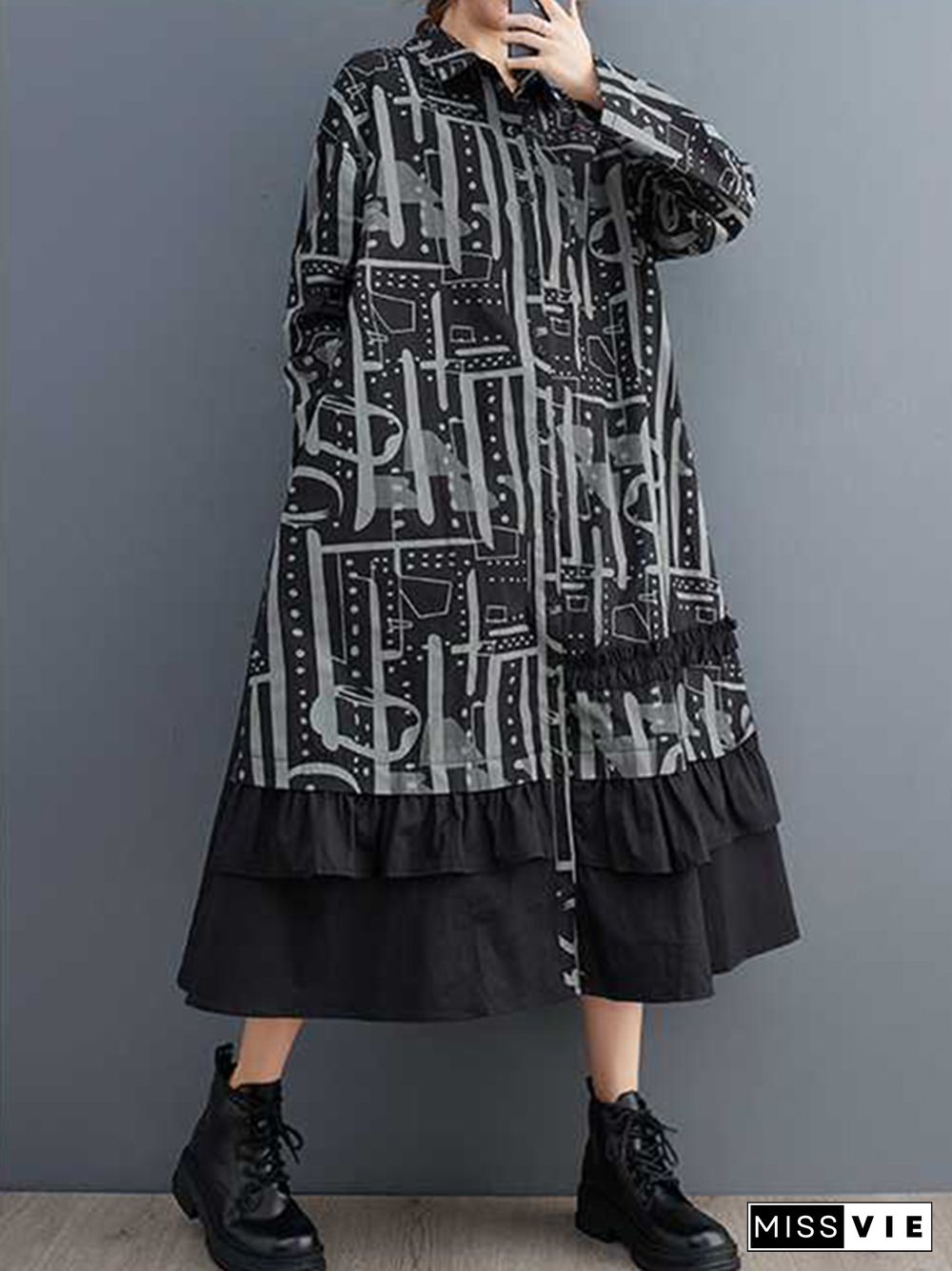 A-Line Long Sleeves Asymmetric Buttoned Printed Split-Joint Lapel Midi Dresses