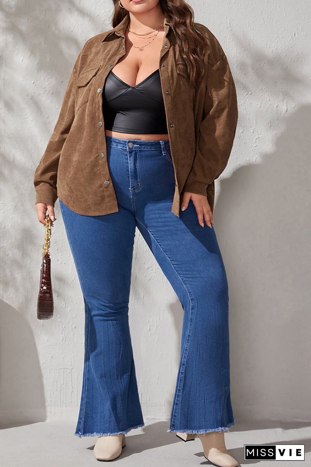 Brown Plus Size Pockets Corduroy Shirt Coat