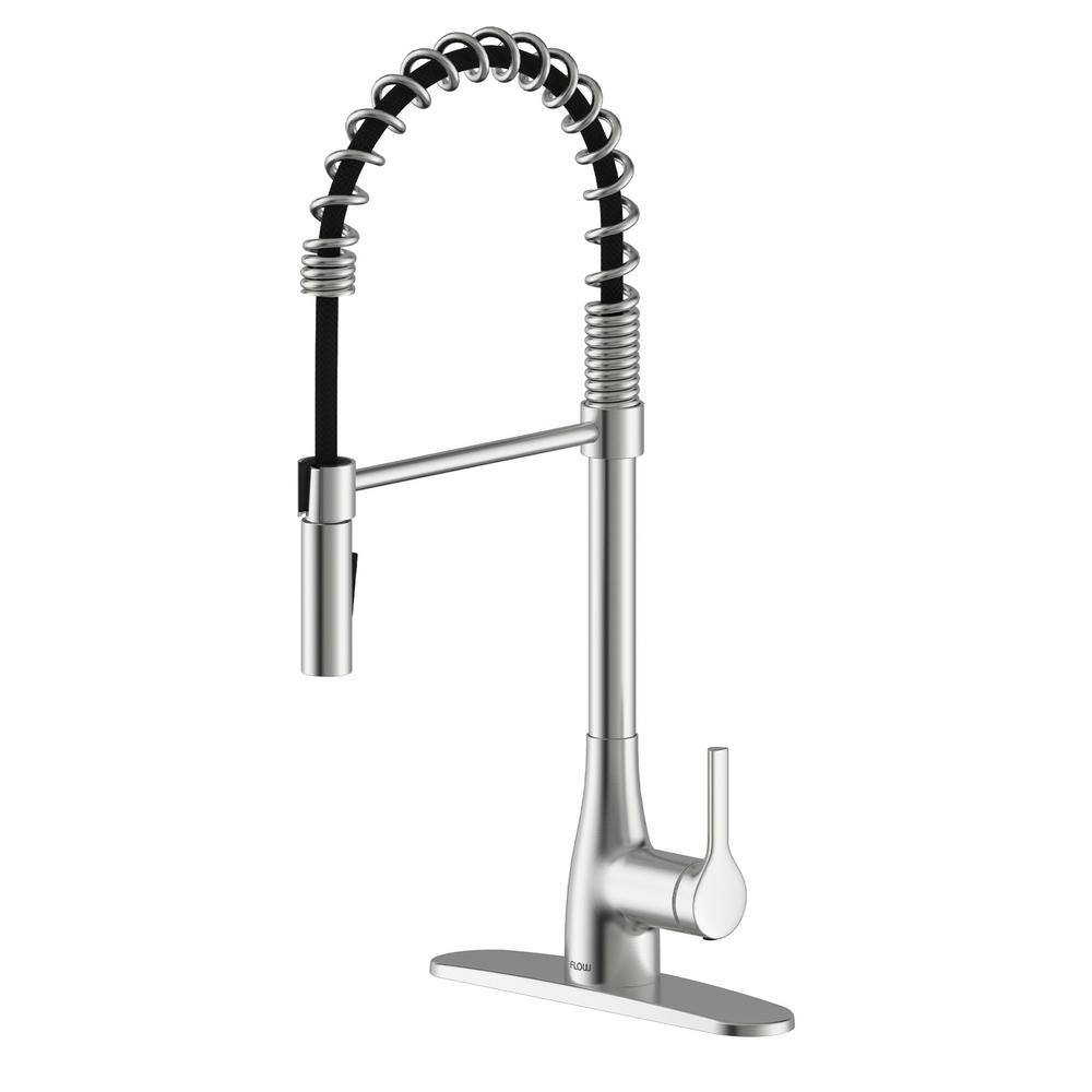 FLOW Classic Series Single-Handle Pull-Down Spring Neck Sprayer Kitchen Faucet in Brushed Nickel ClassSpring-BN