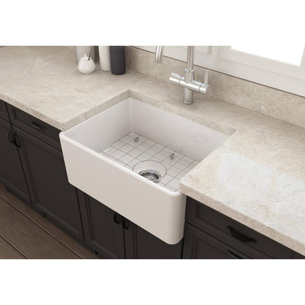 Glacier Bay Farmhouse Apron-Front Fireclay 24 in. Single Bowl Kitchen Sink in White with Bottom Grid 3ABRB-37-001