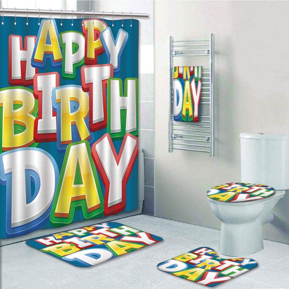 PRTAU Birthday for Kids Rainbow Colored Happy Birthday Quote on Backdrop 5 Piece Bathroom Set Shower Curtain Bath Towel Bath Rug Contour Mat and Toilet Lid Cover