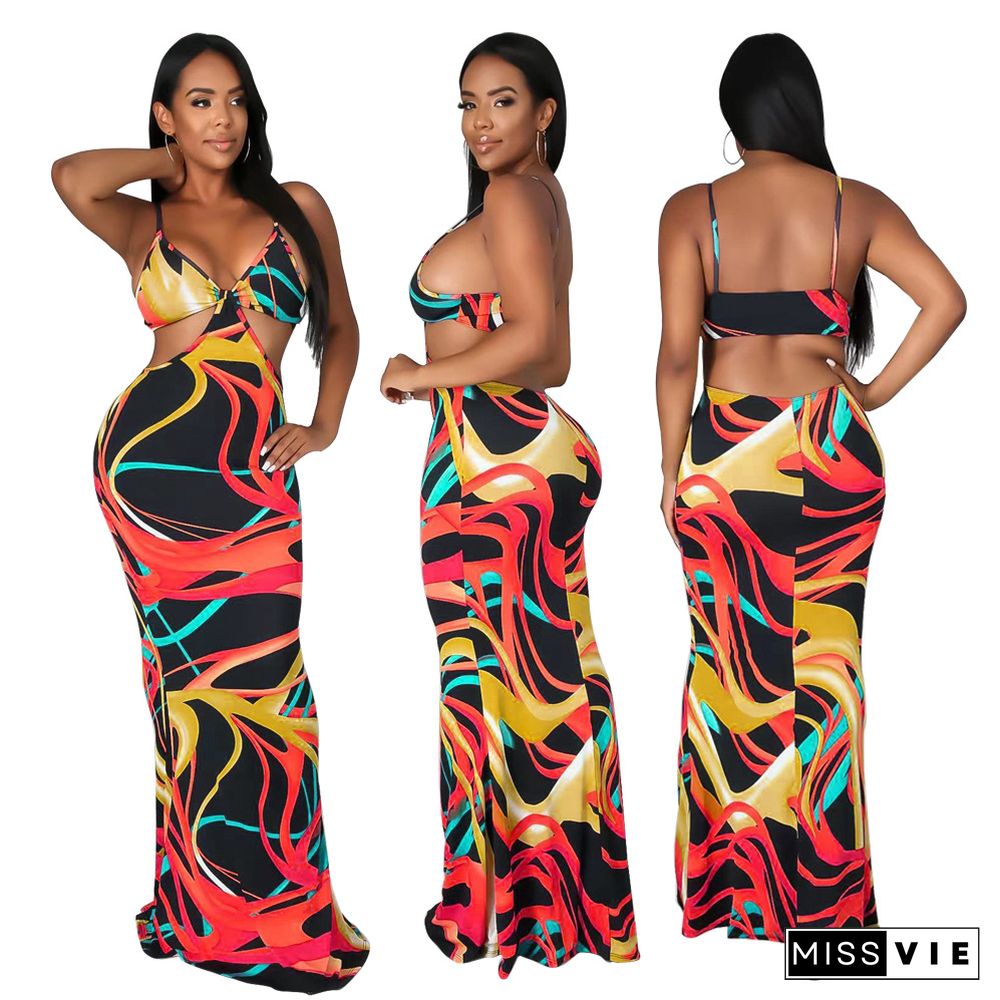 Sexy Tie Dye Sleeveless Spaghetti Straps V-Neck Hollow Out Stretchy Streetwear Bodycon Maxi Dresses