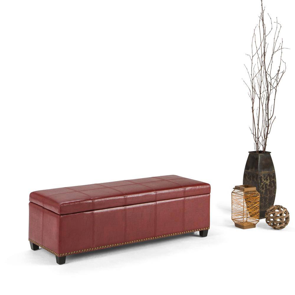 Simpli Home Kingsley 48 in. Transitional Storage Ottoman in Radicchio Red Bonded Leather 3AXCOT-240-RRD