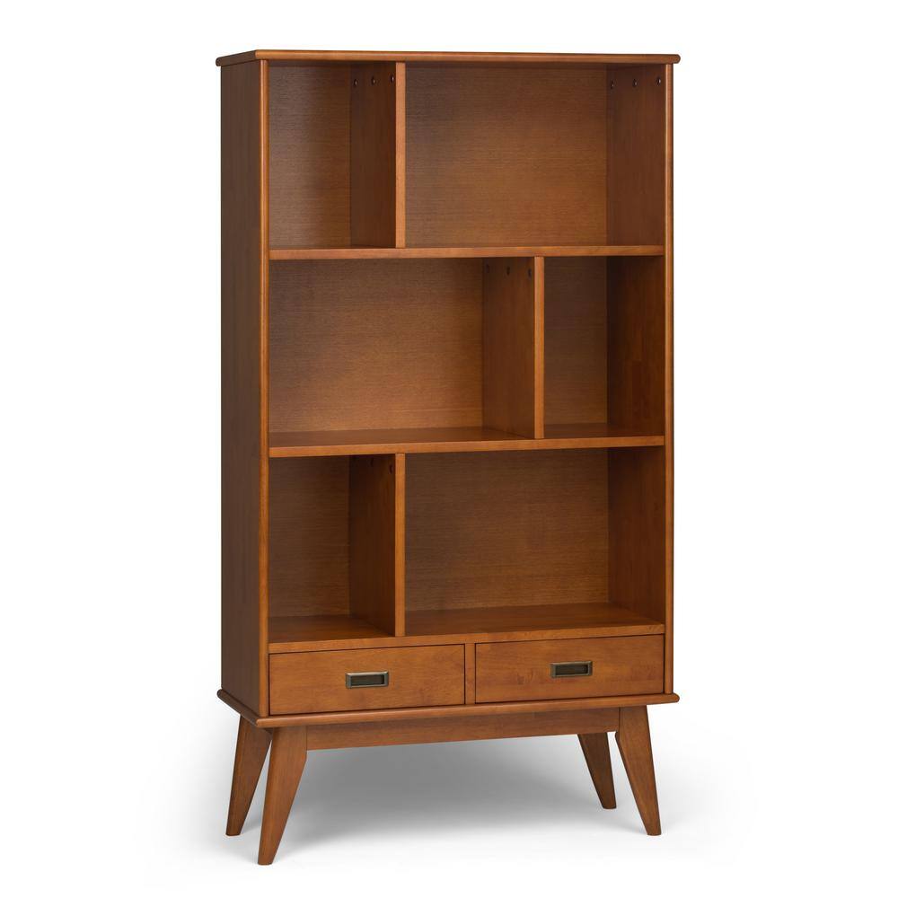 Simpli Home Draper Solid Hardwood 64 in. x 35 in. Mid-Century Modern Wide Bookcase and Storage Unit in Teak Brown 3AXCDRP-13-TK