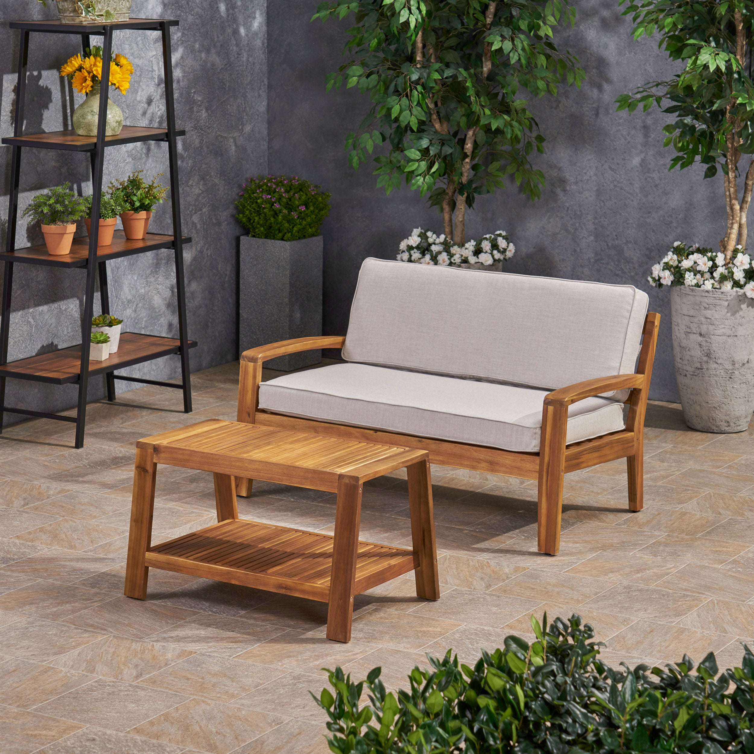 Parma Outdoor Acacia Wood Loveseat and Coffee Table Set with Sunbrella Cushions