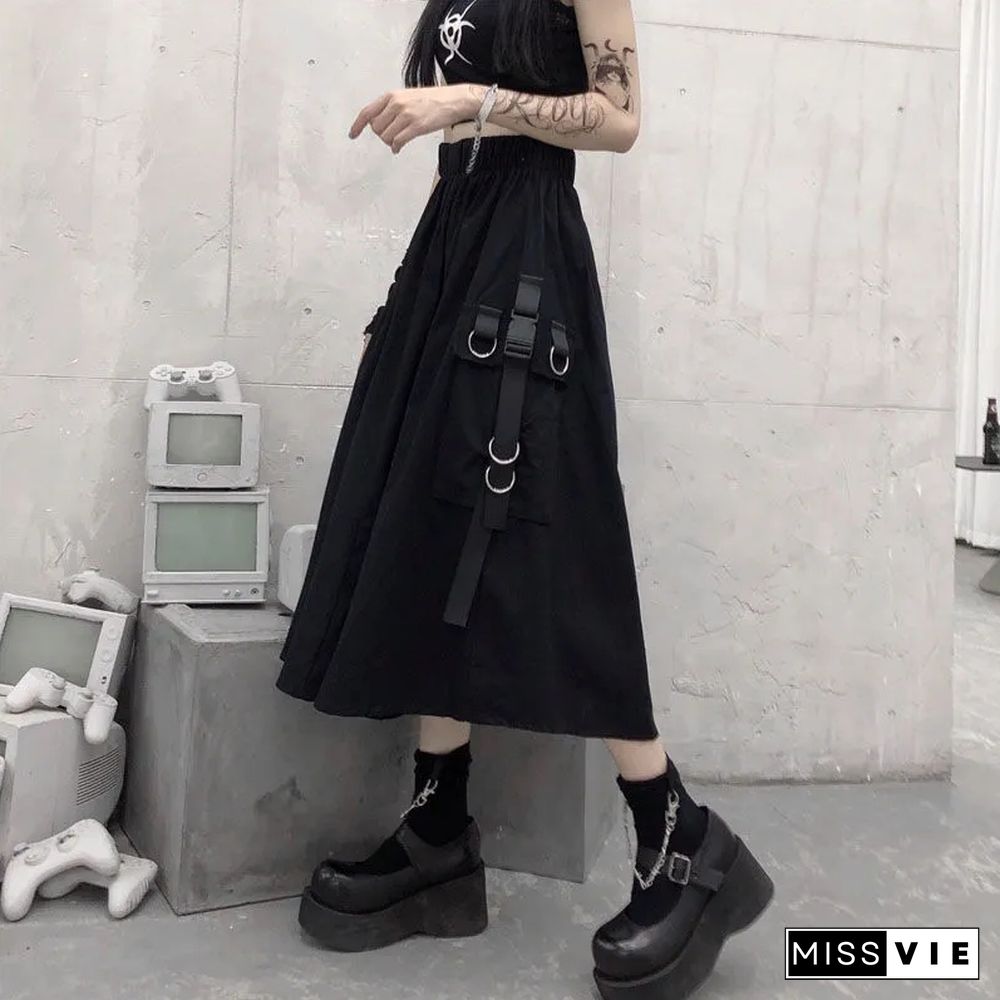 Gothic High Waist Cargo Skirts Woman Harajuku Loose A-line Pocket Midi Skirt Summer Hip Hop Fashion Korean Streetwear Y2k Skirt