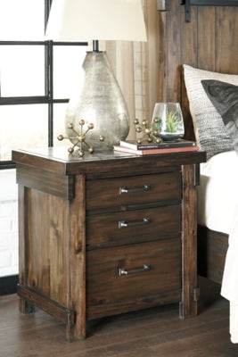 Signature Design by Ashley Lakeleigh Rustic Industrial 3 Drawer Nightstand with 2 Electrical Outlets, 2 USB Charging Stations, Dark Brown Wood Tone