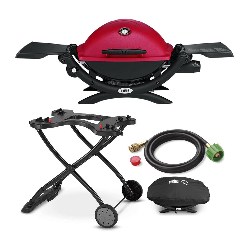 Weber Q1200 Liquid Propane Grill (Red) w/ Portable Cart  Hose Bundle