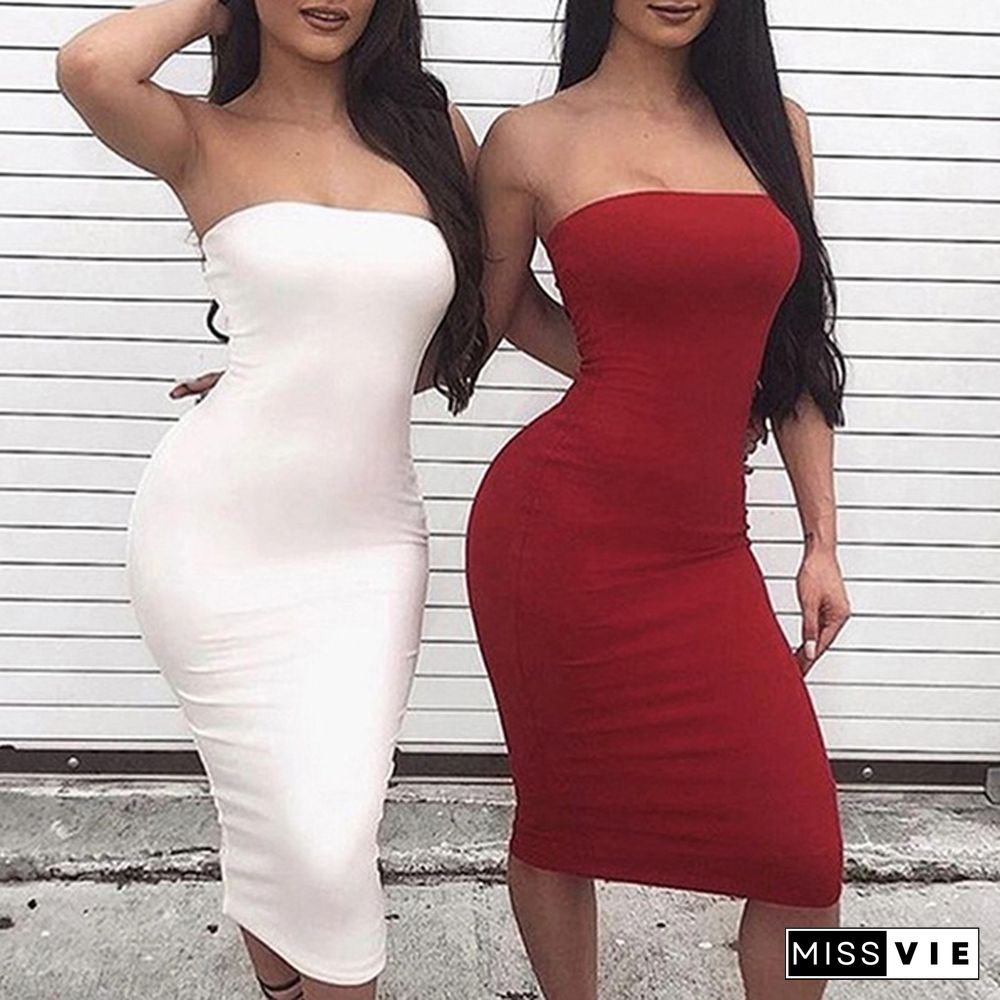 Womens's Fashion Strapless Dress Sexy Ladies Sleeveless Long Skinny Dress Backless Slim Fit Bodycon Evening Club Dress