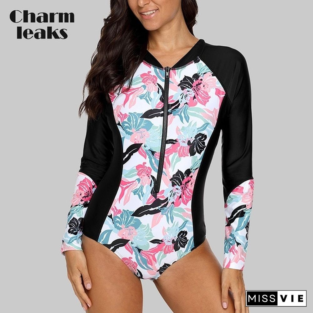 Charmleaks Women Long Sleeve Rashguard One-piece Swimsuit Swimwear Surfing Top Rash Guard UPF50+ Running Biking Shirt Plus Size