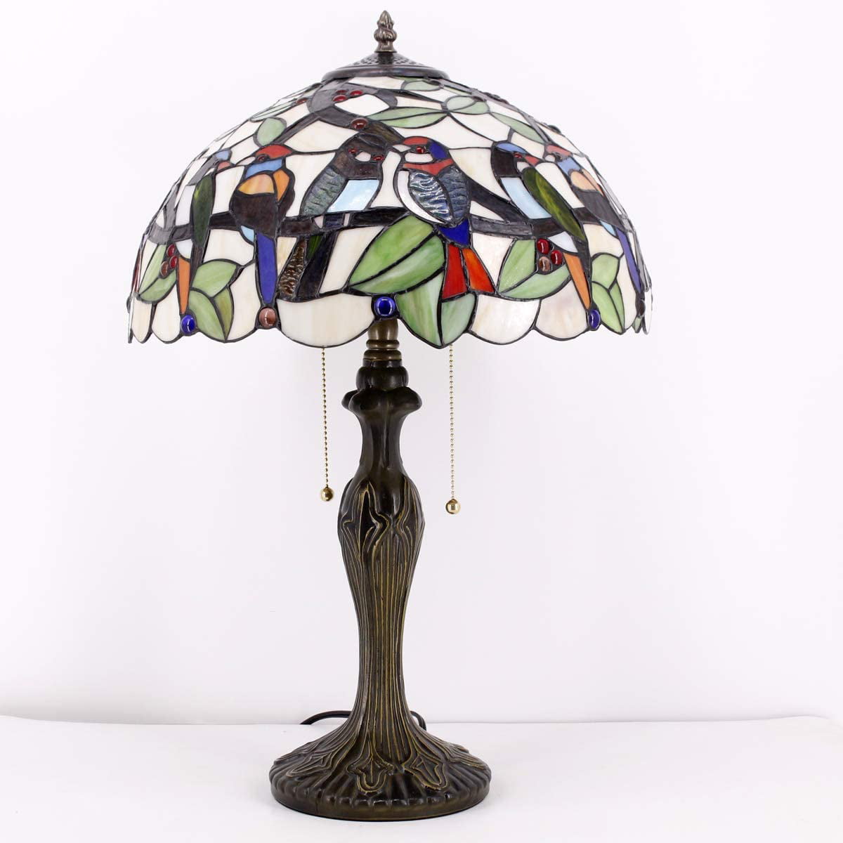 Tiffany Table Lamp Colorful Stained Glass Birds Bedside Lamp 16X16X24 Inches Desk Reading Light Metal Base Decor Bedroom Living Room Home Office S805 Series