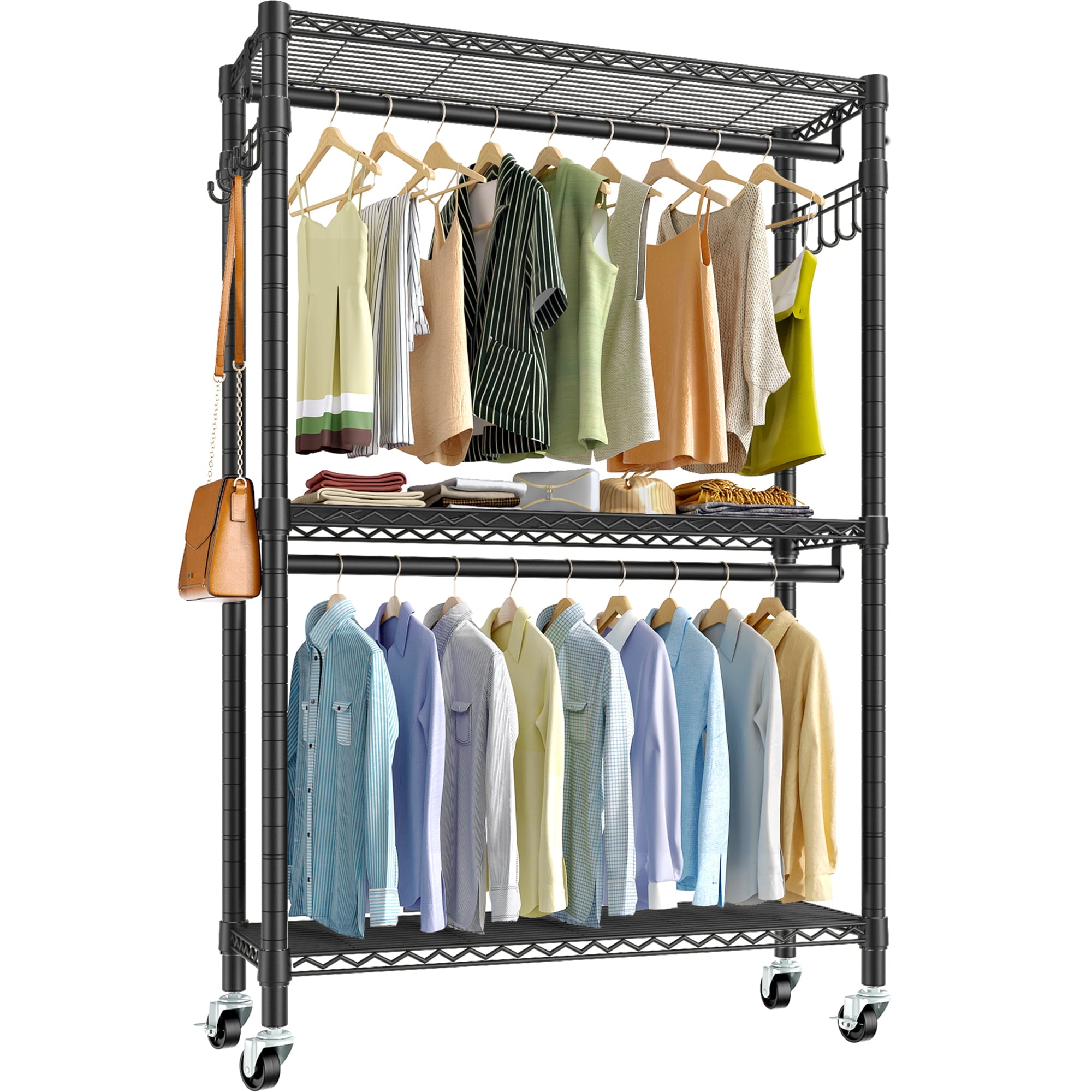 VIPEK V12 Metal Rolling Garment Rack 3 Tiers Adjustable Clothes Rack W/ Wheels Rods Hooks Black