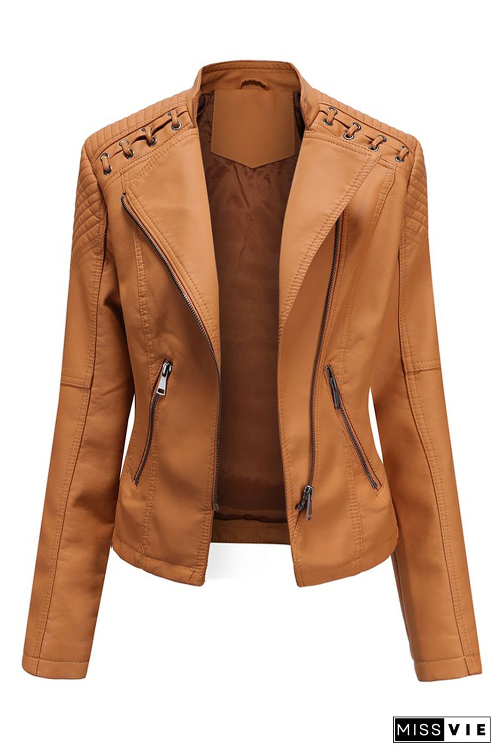 Zipper Pockets Leather Jacket Women Wholesale