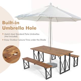 WELLFOR 67 in. L 6-Person Acacia Wood Picnic Table Bench Set with 2 in. Umbrella Hole KC-HGY-55469+