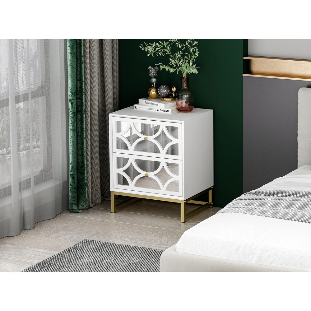 White Mirrored Nightstand with Gold Legs  2 Drawer Small Bedside Table  Side Table with Storage for Bedroom  Living Room