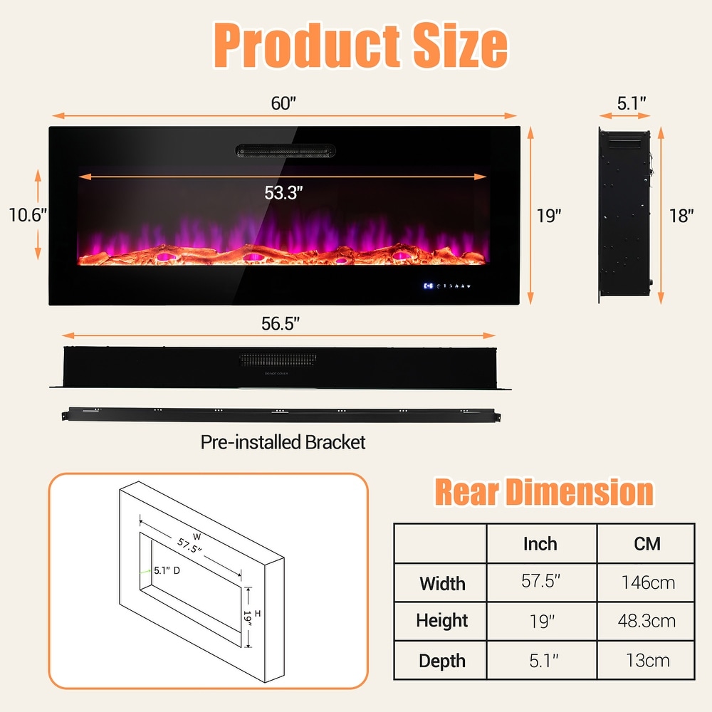 50 or 60 Inch Electric Recessed and Wall Mounted Fireplace w Remote