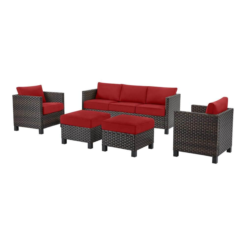 StyleWell Sharon Hill Powder Coating 5-Piece Dark Wicker Patio Conversation with Chili Cushions DE228565758D