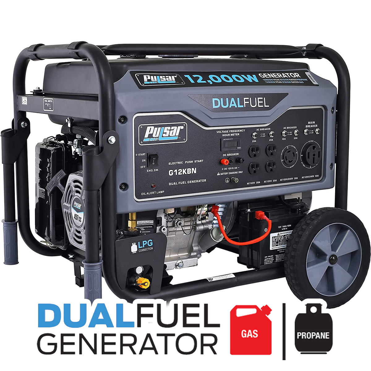 Pulsar 12，000W Dual Fuel Portable Generator in Space Gray with Electric Start， G12KBN