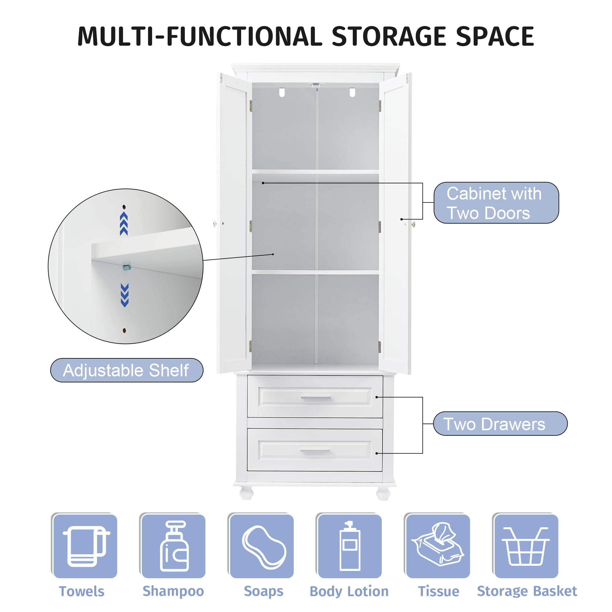 Bellemave Tall Storage Cabinet with Adjustable Shelves, Bathroom Cabinet, Wooden Storage Cabinet with 2 Drawers Storage Organizer Cupboard Floor Cabinet, White