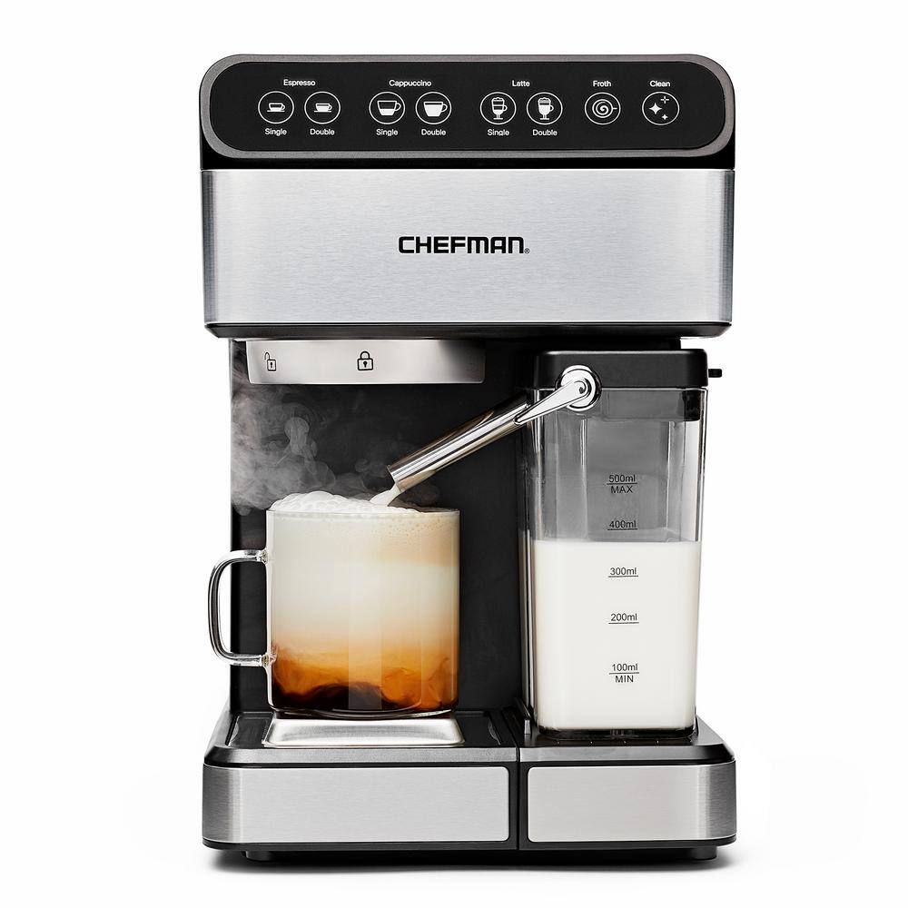 Chefman 7.6 Cup Brew Single and Double Shot Stainless Steel 6-in-1 Espresso Machine 15-Bar Pump Built-In Milk Froth Coffee Maker RJ54