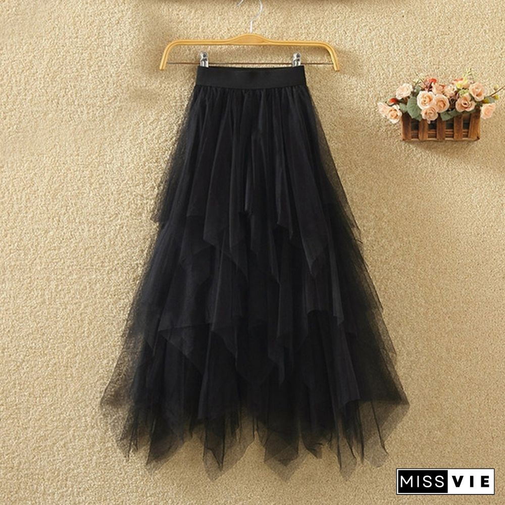 Women Summer Tulle Skirt Elastic Mesh Layered High Waist Pleated Ladies Midi Skirt