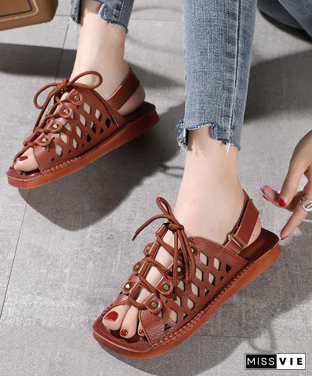 Chocolate Lace Up Flat Sandals Cowhide Leather