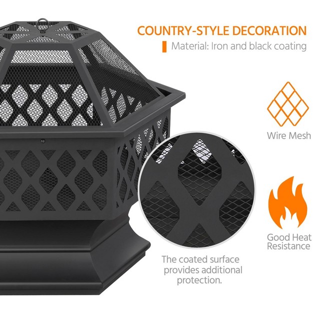 Yaheetech 24in Outdoor Hex Fire Pits Firepit Bowl With Spark Screen amp Poker For Patio Backyard