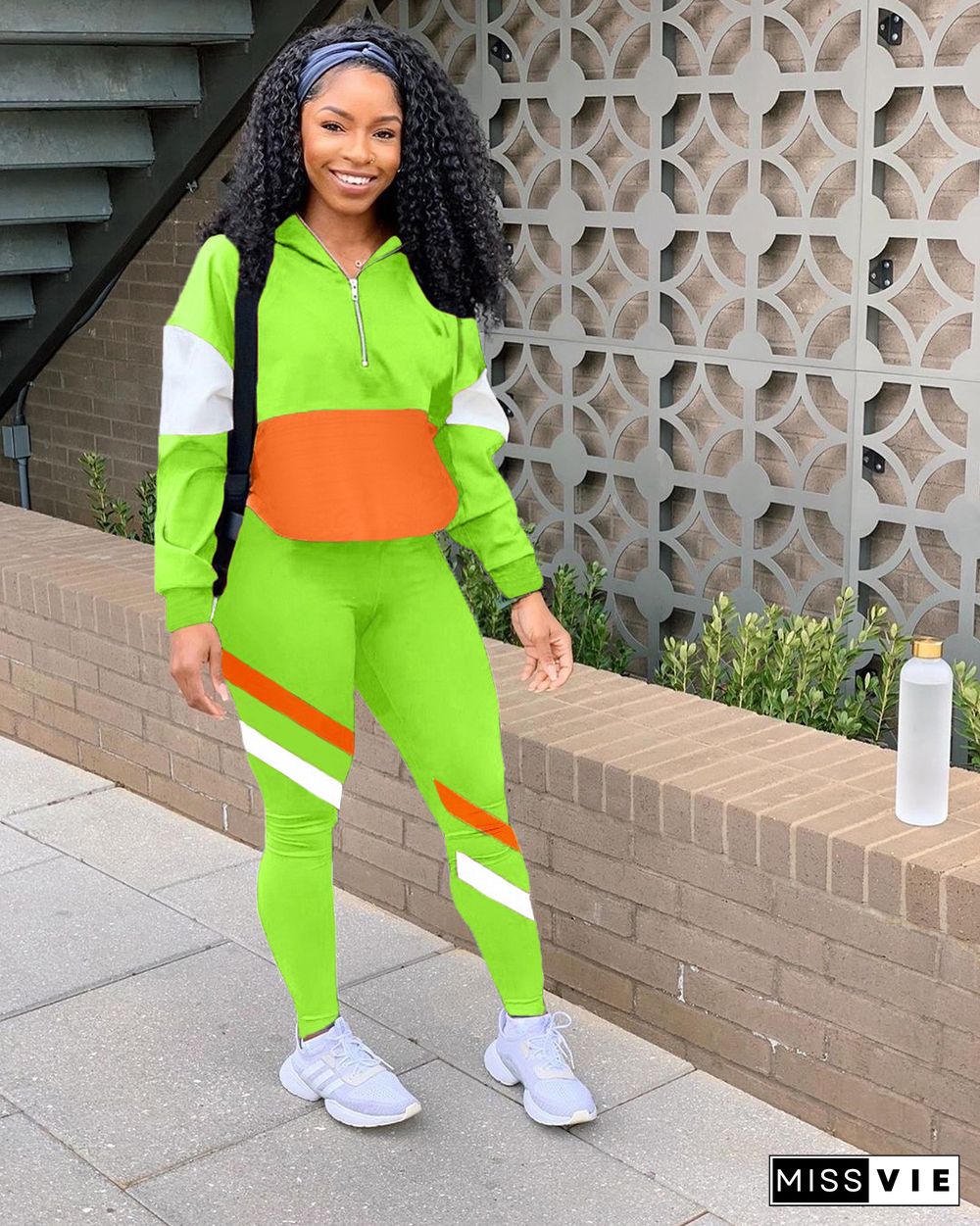 Fashion Color Spliced Hoodie Sport Pants Two-piece Set