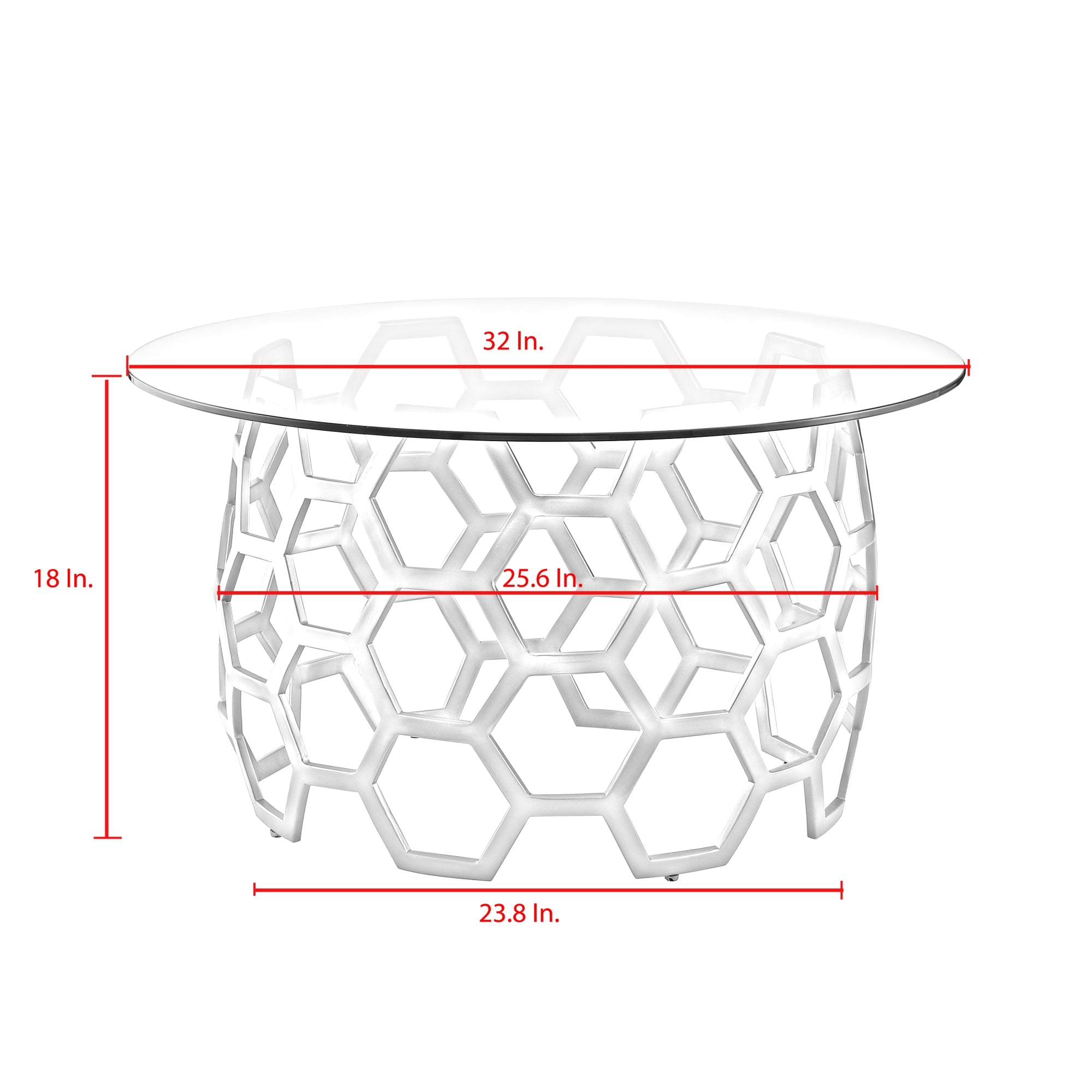 Inspired Home Janina Round Coffee Table Clear Glass Top Geometric Hexagon Metal Frame Modern, Silver