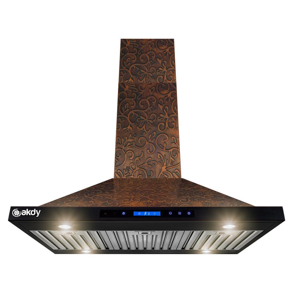 AKDY 36 in Convertible Island Mount in Embossed Copper Vine Design Kitchen Range Hood with Lights