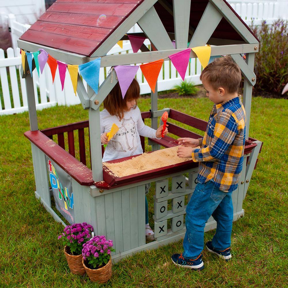 Funphix Hangout Hut Kids Outdoor Wooden Playhouse with Sandbox and Tic Tac Toe WPHX-2201