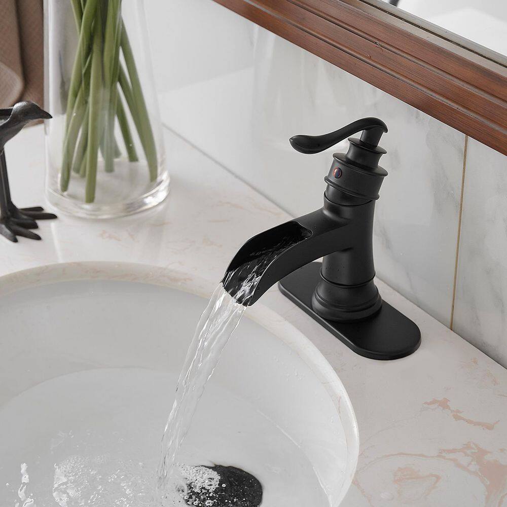 BWE Waterfall Single Hole Single-Handle Low-Arc Bathroom Faucet With Pop-up Drain Assembly In Matte Black A-96556-Black