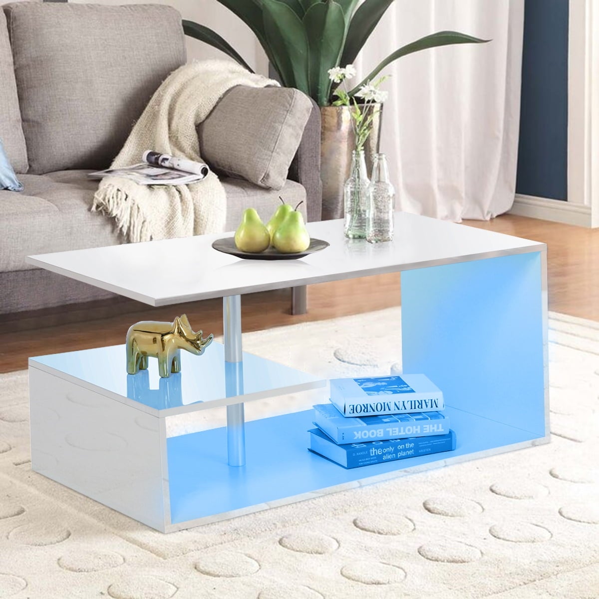 Coffee Table G Shape LED Coffee Table for Living Room， White