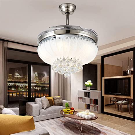 KPIBEST Modern Crystal Ceiling Fans with Lights， Remote Control - 3 Color Change 3 Speeds Chandelier Ceiling Fan Retractable Invisible Blades for Living Dining Room Bedroom， 42 Inch