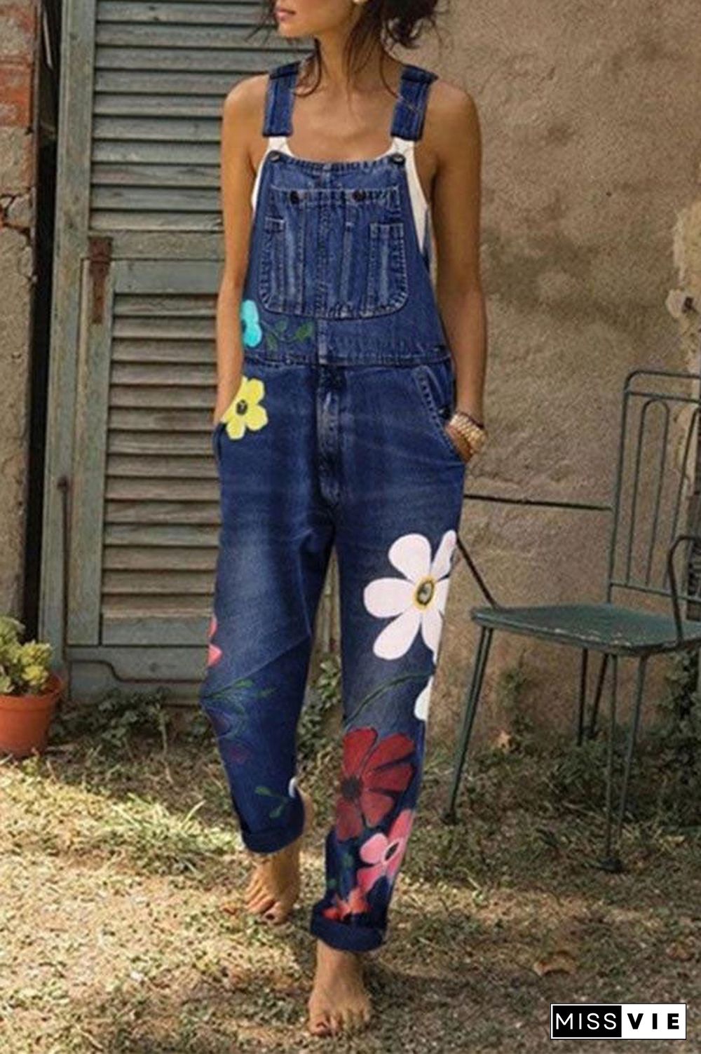 Fashion Flower Printed Denim Jumpsuits