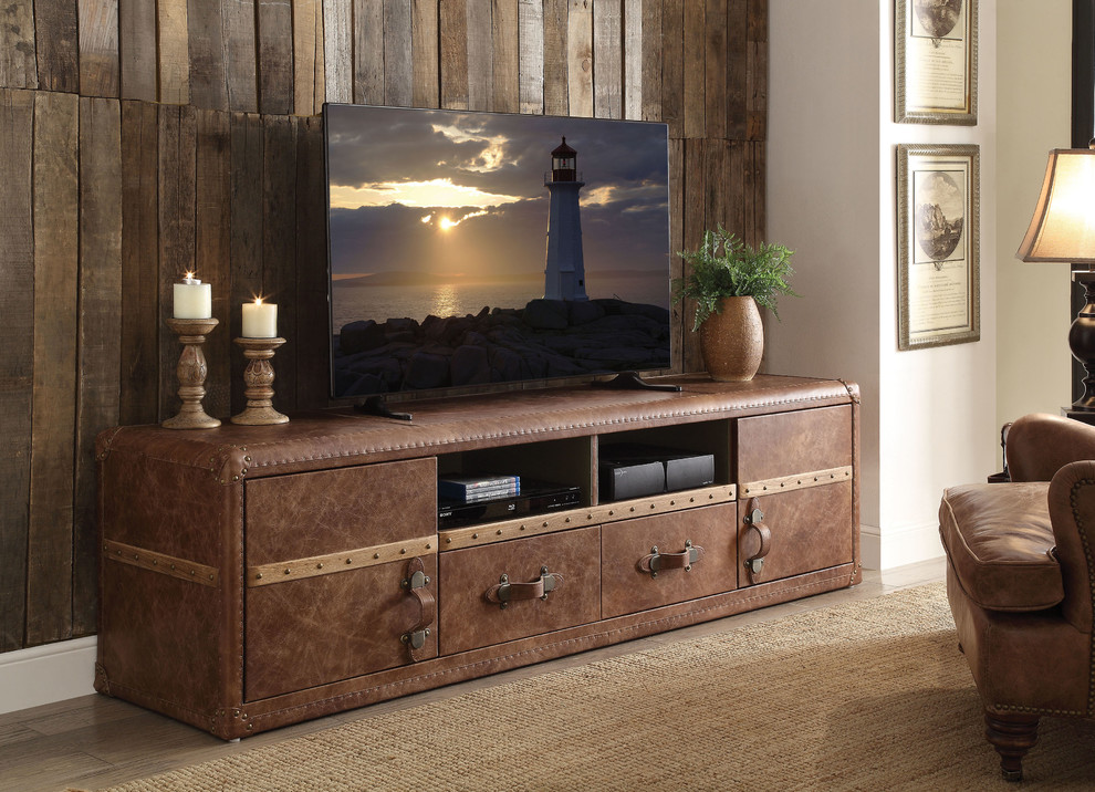 Aberdeen Top Grain Leather TV Stand  Retro Brown   Traditional   Entertainment Centers And Tv Stands   by Acme Furniture  Houzz